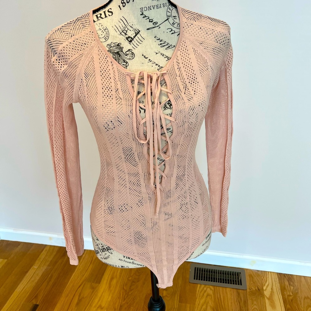 Hera bodysuit size small, tie up front, light pink, worn one time